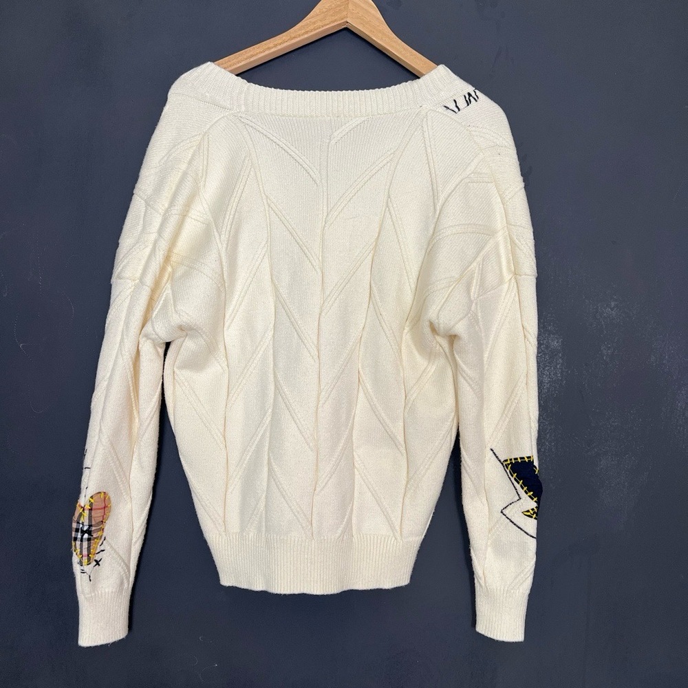 Womens Cardigan Size Cream Oversize Varsity Patchwork Embroidery Whimsical Retro - Picture 4 of 12